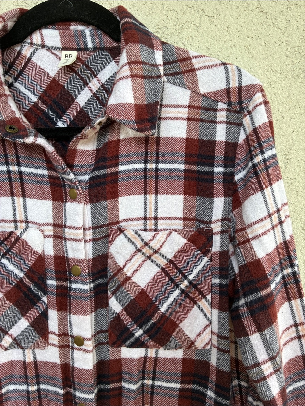 BP tunic length plaid flannel white with maroon, black